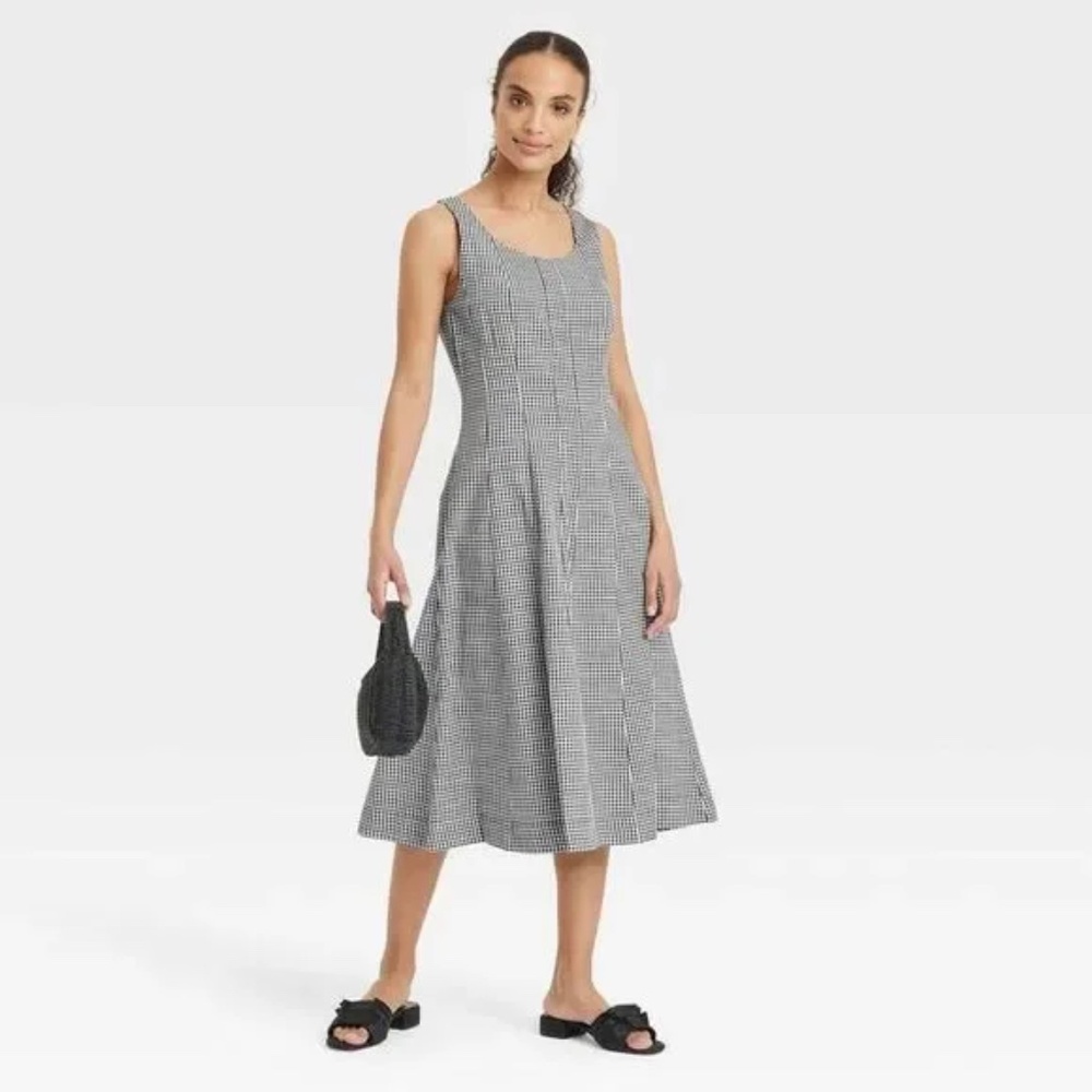 NEW Women's Corset Midi A-Line Dress - A New Day Black Gingham 10